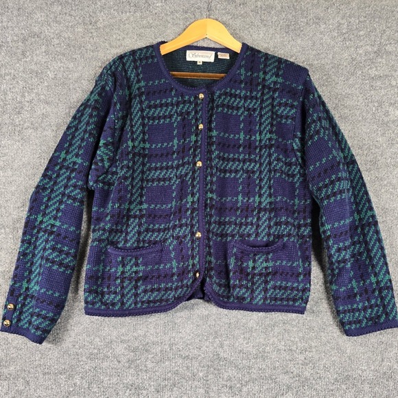 Silvercord Sweaters - Silvercord Plaid Button Cardigan Navy Green Gold Buttons XL‎ Women Cozy Knit